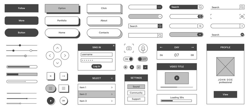 Simple ui button icons. Modern minimal web interface black and white UI button set, input fields, icons, search bar, trendy line application elements. Vector collection