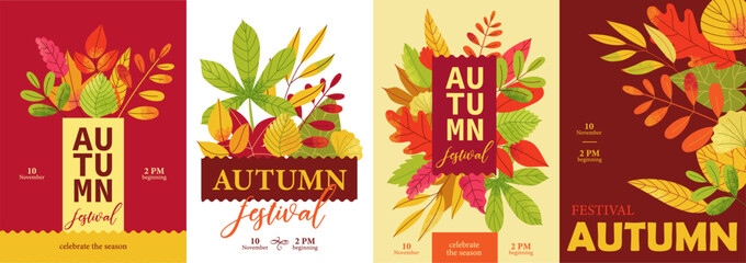 Autumn posters. Seasonal fall botanical floral leaves backdrop with rowan branches, frame with autumn foliage for greeting card. Vector fall cover set