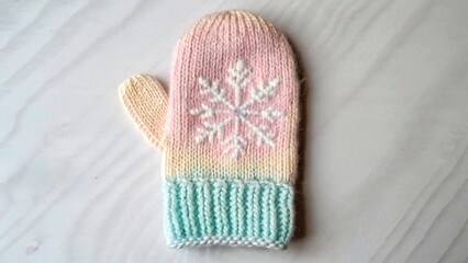 Pastel knitted winter mitten with white snowflake pattern on light background
