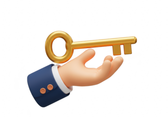 A stylized hand in a suit sleeve offers a golden key, representing access to new opportunities and solutions isolated on transparent background