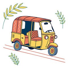 Yellow auto rickshaw with coral roof and seats three wheeled blue
