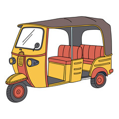 Yellow and red three wheeled auto rickshaw with canopy three wheeler brown