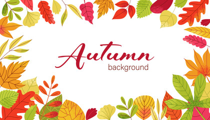 Autumn leaves framing. Cartoon fall decorative elements, colorful leaf border natural branch frame for card design. Vector banner with autumn foliage