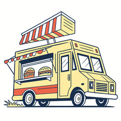 Yellow food truck serving burgers with red striped awning vector