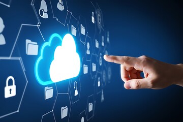 A human finger is reaching out to touch a glowing blue cloud icon surrounded by a network of digital icons representing data security and users on a dark blue background