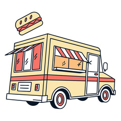 Yellow snack truck with hot dog and awning food truck