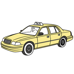 Yellow taxi cab with black outlines and white roof sign vehicle