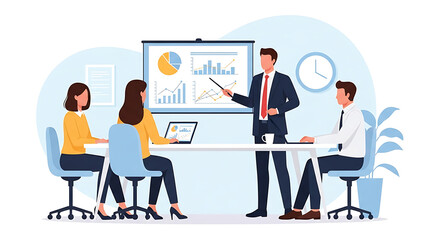 A man presents data analysis on a screen with charts to his colleagues. A clean, flat vector illustration of a business meeting in a modern office