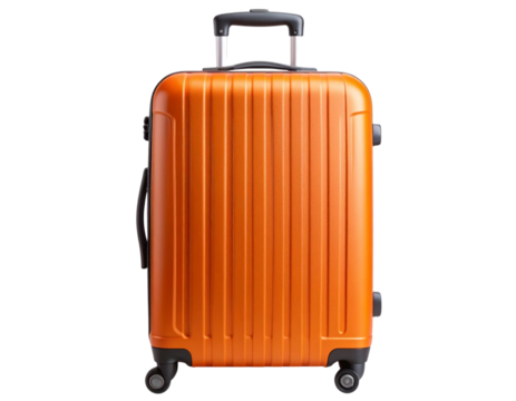  Modern orange trolley suitcase standing upright isolated on transparent background PNG