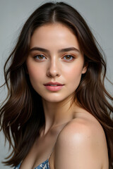 Obraz premium Captivating Beauty Portrait of a Young Woman with Hazel Eyes and Flowing Brown Hair Against a Soft Gray Background Showcasing Natural Elegance and Charm