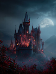 Dark Gothic Castle on Misty Mountain Under Full Moon