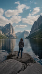 Fototapeta premium Person standing on rock by lake surrounded by mountains and clouds 