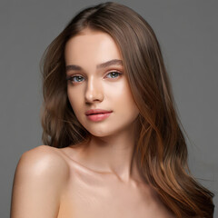 Fototapeta premium Radiant Beauty Portrait A Stunning Young Woman with Flawless Skin and Flowing Brown Hair Posing Against a Neutral Gray Backdrop in a Captivating Studio Shot