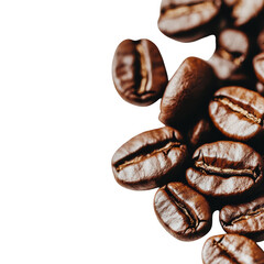 Dark roasted coffee beans close up isolated on a transparent background brown