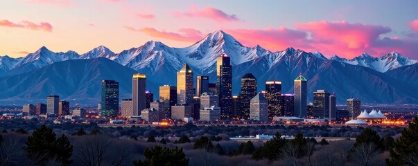 Denver's vibrant skyline juxtaposed with the majestic Rocky Mountains , photography, nature