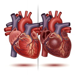 A medical illustration comparing a healthy human heart to a diseased heart, showing anatomical differences.