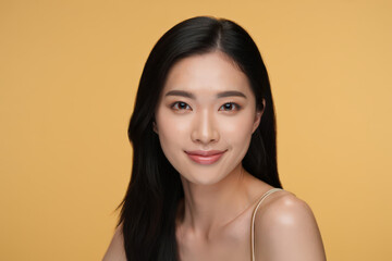 Fototapeta premium Radiant Portrait of a Young Asian Woman with Clear Skin and Dark Hair, Smiling Gently Against a Warm Yellow Background, Emphasizing Natural Beauty
