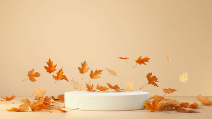 Product display podium on a warm earthy background with falling autumn leaves. Minimal fall season event stage for show.