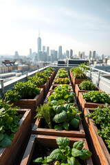 Fototapeta premium Urban rooftop garden with city skyline view