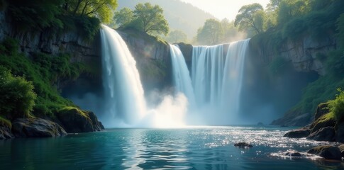 Naklejka premium Ethereal waterfall, soft glowing mist shrouds cascading water , magical, calm