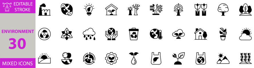 Environment icon set. Editable vector of environment, nature, ecology, green, earth, planet, tree, leaf, forest, clean, recycle, eco, sustainable, water, globe, conservation, air, organic icons.