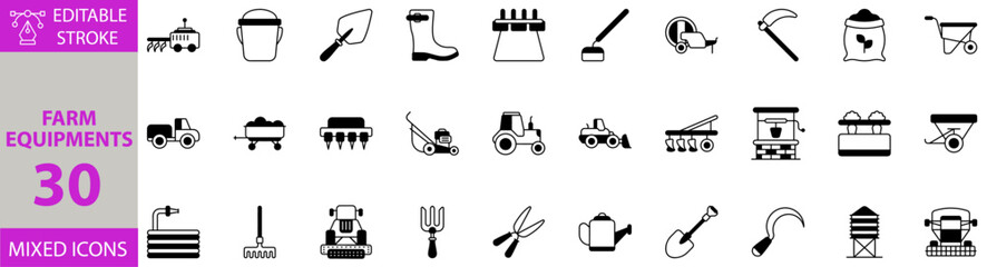 Farm Equipments icon set. Editable vector of farm, equipment, tractor, plow, harvester, combine, machinery, agriculture, tools, field, farming, seeds, irrigation, barn, rake, shovel, pitchfork icons.