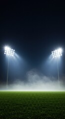 A dark night sky dotted with stars above a vibrant green field, illuminated by powerful stadium lights and mist