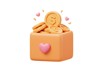 A 3d illustration of a box with a heart and overflowing with golden dollar coins, isolated on transparent background