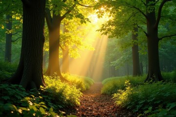 Obraz premium Golden sunlight streams through leaves, dappling forest floor, shade, heat, hue