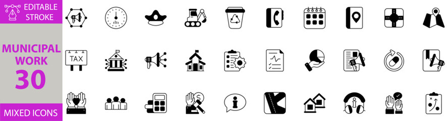 Municipal Work icon set. Editable vector of municipal, city, government, building, construction, public, service, urban, infrastructure, maintenance, road, repair, sanitation, street, worker icons.