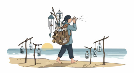 Sound Collector on Quiet Beach at Dawn &ndash; Flat Vector Illustration with Seashells and Bottled Nature Sounds

