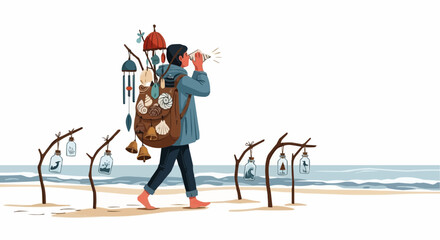 Sound Collector on Quiet Beach at Dawn &ndash; Flat Vector Illustration with Seashells and Bottled Nature Sounds

