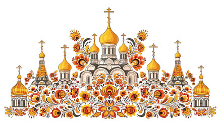 Ornate church with golden domes surrounded by floral motifs  