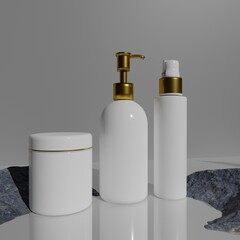  Minimal background mockup for perfume and skincare product presentation. Podium and stones on white background