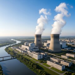 Aerial view of a large nuclear power plant with cooling towers, emitting steam, near a river.