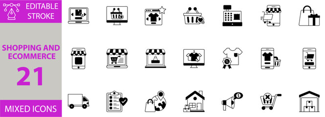Shopping and ecommerce icon set. Editable vector of ecommerce, cash counter, site, add to cart, delivery, warehouse, marketing, home delivery, shopping, wishlist, online order, select,    app icons