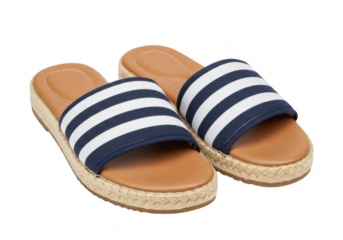 A pair of stylish blue and white striped slide sandals with espadrille soles isolated on transparent background