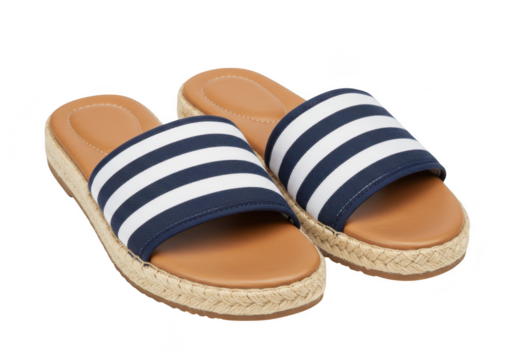 A pair of stylish blue and white striped slide sandals with espadrille soles isolated on transparent background