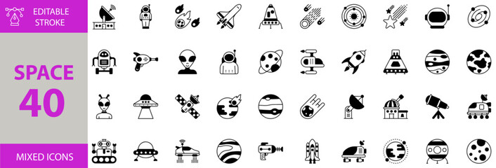 Space icon set. Editable vector of astronaut, robot, moon, orbit, space car, space shuttle, alien, telescope, observatory, asteriod, neptune, doomsday, jupitar, space, spaceship, weapon and more icons © MdShfiquil