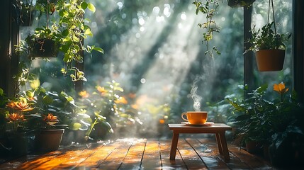 A dreamy Lofi greenhouse with hanging plants, a small wooden table holding a teacup, and sunlight filtering through glass panels, creating a warm, ethereal glow,