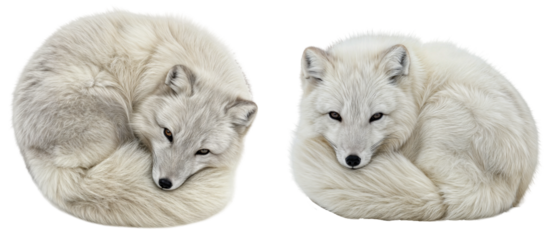 two arctic foxes, Vulpes lagopus, with thick white fur, resting in the snow, side and top view bundle