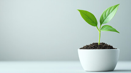 Small green plant with vibrant leaves thriving in a minimalist white pot, symbolizing growth and renewal against a soft background