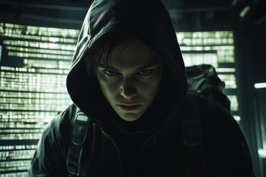 A hooded hacker in front of computer code, a sci-fi movie scene. The hood is up, showing the face and hair, with a backpack on the back