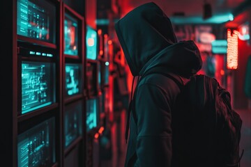 Fototapeta premium A hooded hacker with a backpack sneaks into a computer room, with a cyberpunk aesthetic and a cinematic, wide-shot, side-view angle reminiscent of a horror movie