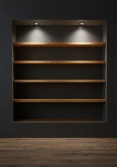 An empty display niche with four wooden shelves is brightly illuminated by two spotlights from above