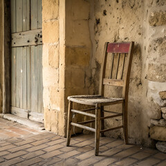  Worn chair by rustic wall