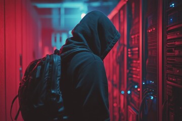 A hooded hacker with a backpack sneaks into a computer room, with a cyberpunk aesthetic and a cinematic, wide-shot, side-view angle reminiscent of a horror movie