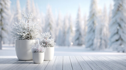 Snow-covered potted evergreens resting on wooden surface, blurred winter forest backdrop creating serene seasonal atmosphere