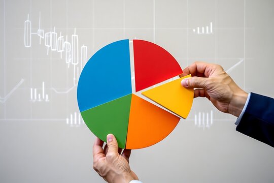 A businessman in a suit is assembling a colorful pie chart with segments representing data analysis and financial growth against a backdrop of a stock market graph