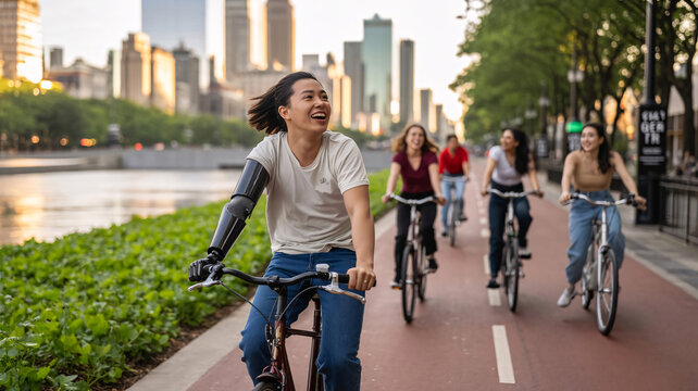 Group of friends cycling through urban green space, one with visible prosthetic limb, disability inclusion - Powered by Adobe